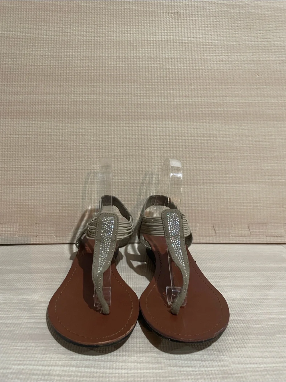 Pink & Pepper Taupe Rhinestone T-Strap Sandals